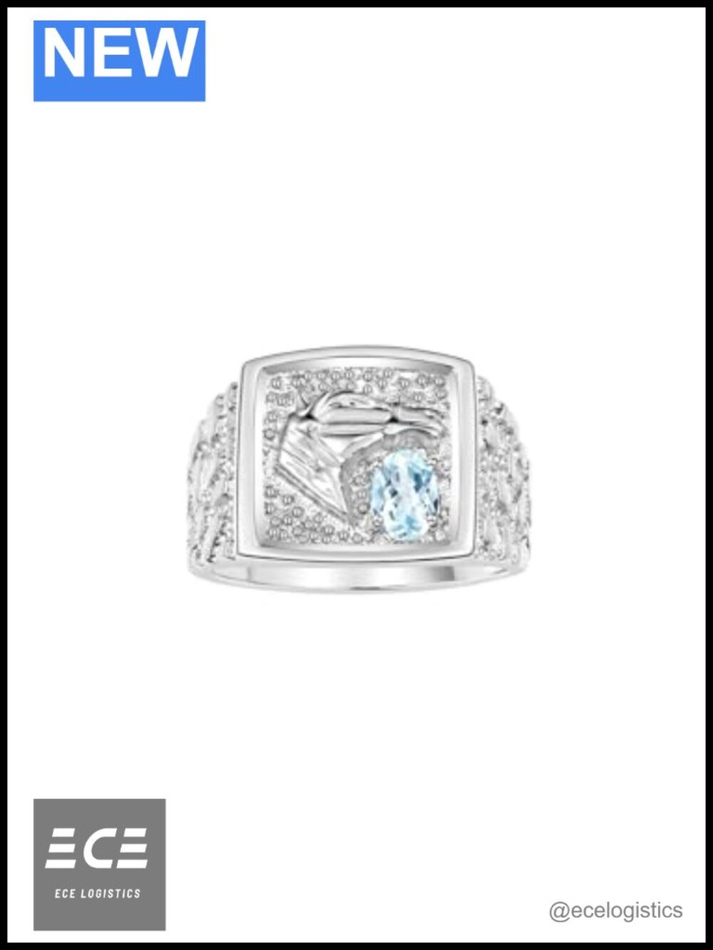 Sterling Silver Lucky Nugget Horse Head Ring Oval Aquamarine & Diamonds
